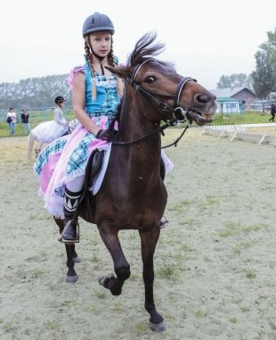 Александра Алёшина, 11 лет. Лошадь: Маркиза, 14 лет. «Маруська нервничает немного, а я не первый раз на соревнованиях, конным спортом занимаюсь три года. Всегда любила лошадей и судьба привела меня сюда».