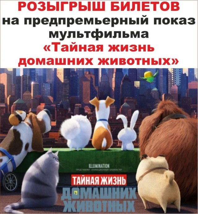 Розыгрыш билетов на предпремьерный показ мультфильма «Тайная жизнь домашних животных»